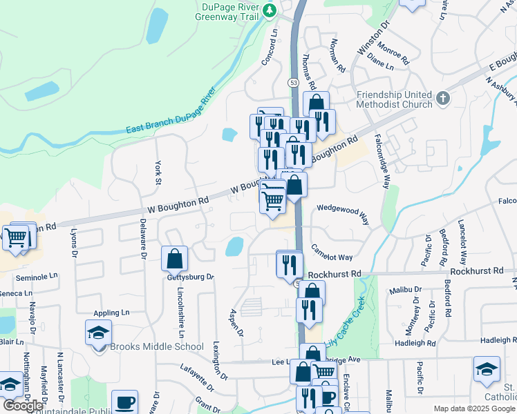 map of restaurants, bars, coffee shops, grocery stores, and more near 404 Lakeview Circle in Bolingbrook
