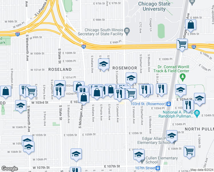 map of restaurants, bars, coffee shops, grocery stores, and more near 10200 South Forest Avenue in Chicago