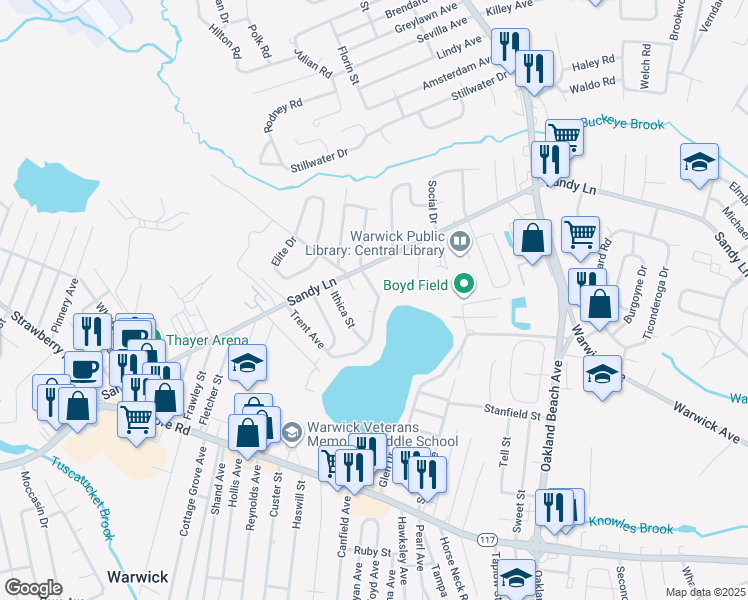 map of restaurants, bars, coffee shops, grocery stores, and more near 77 Trent Avenue in Warwick