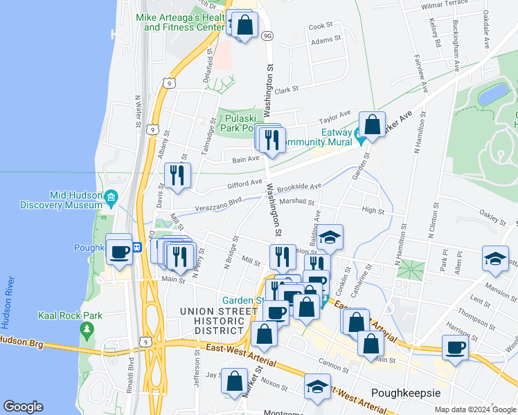 map of restaurants, bars, coffee shops, grocery stores, and more near 95 North Bridge Street in Poughkeepsie