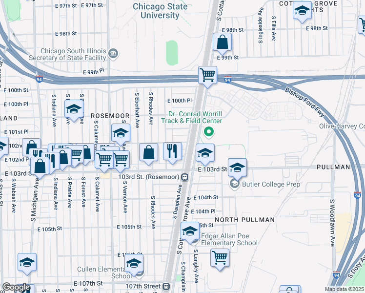 map of restaurants, bars, coffee shops, grocery stores, and more near 637 East 102nd Street in Chicago