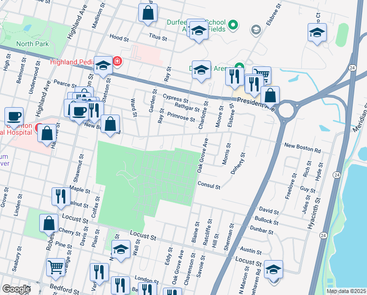 map of restaurants, bars, coffee shops, grocery stores, and more near 9 Acacia Street in Fall River