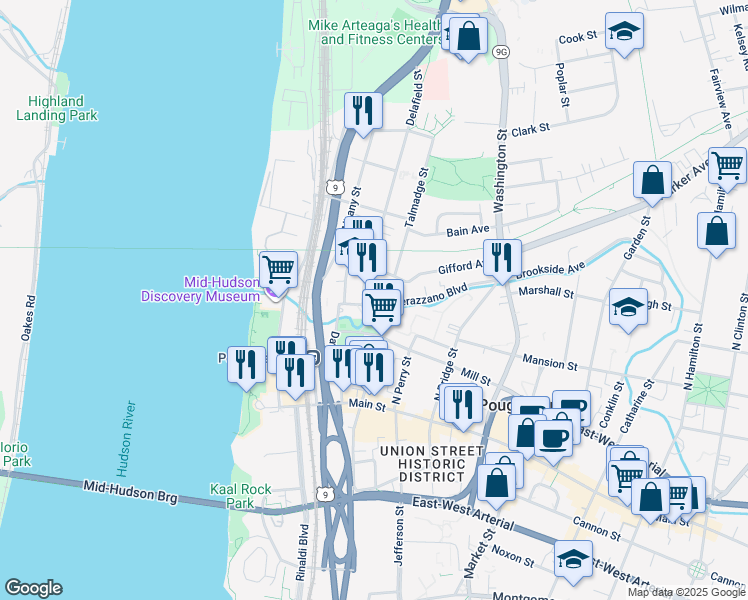 map of restaurants, bars, coffee shops, grocery stores, and more near 1 Verazzano Boulevard in Poughkeepsie