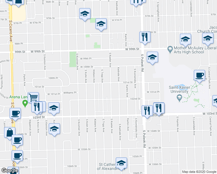 map of restaurants, bars, coffee shops, grocery stores, and more near 10112 South Keeler Avenue in Oak Lawn