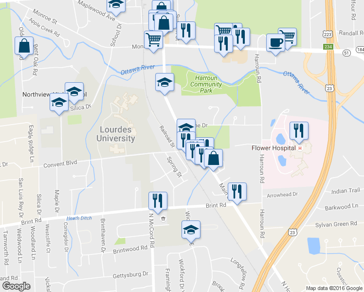 map of restaurants, bars, coffee shops, grocery stores, and more near 5219 Main Street in Sylvania