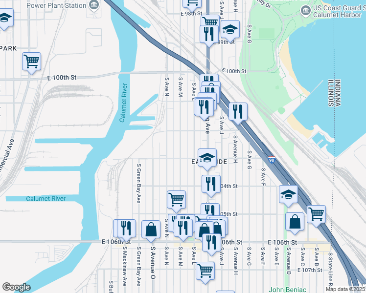 map of restaurants, bars, coffee shops, grocery stores, and more near 10235 South Avenue M in Chicago
