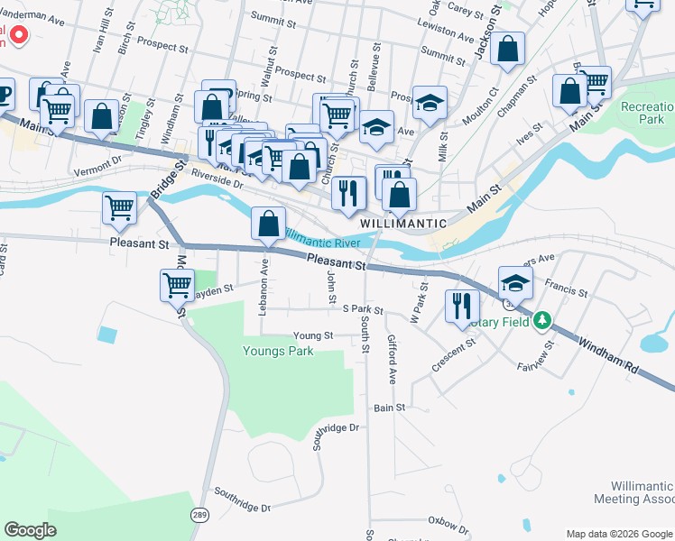 map of restaurants, bars, coffee shops, grocery stores, and more near 154 Pleasant Street in Windham
