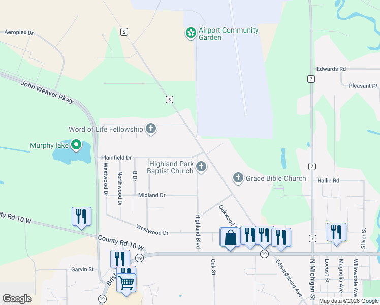 map of restaurants, bars, coffee shops, grocery stores, and more near 27533 Plainfield Drive in Elkhart