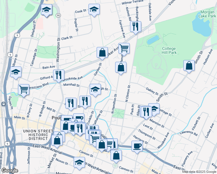 map of restaurants, bars, coffee shops, grocery stores, and more near 43 High Street in Poughkeepsie