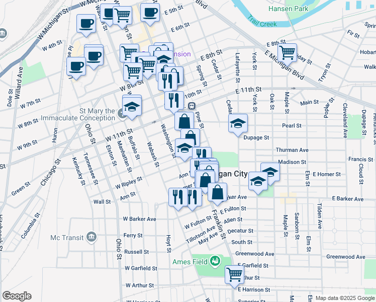 map of restaurants, bars, coffee shops, grocery stores, and more near 102 West William Street in Michigan City