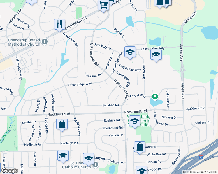 map of restaurants, bars, coffee shops, grocery stores, and more near 350 Leicester Court in Bolingbrook