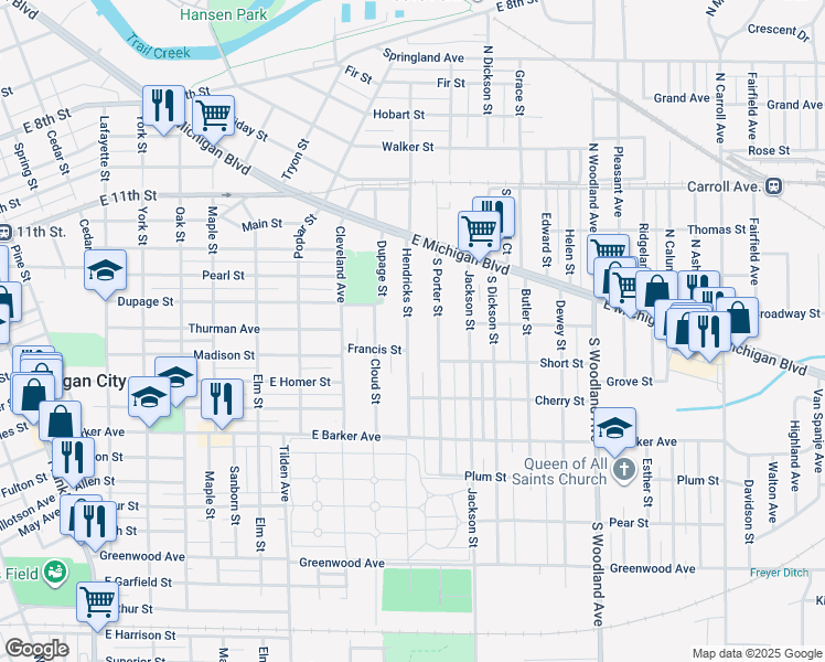map of restaurants, bars, coffee shops, grocery stores, and more near 236 Hendricks Street in Michigan City