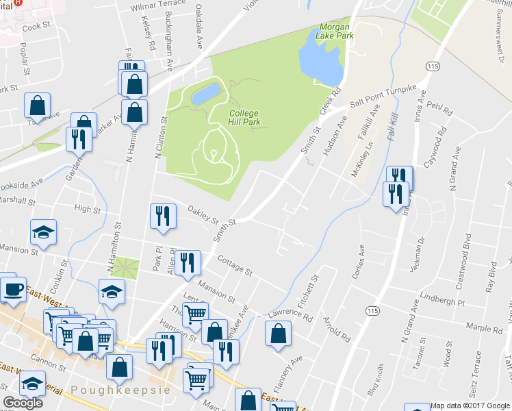 map of restaurants, bars, coffee shops, grocery stores, and more near 164 Smith Street in Poughkeepsie