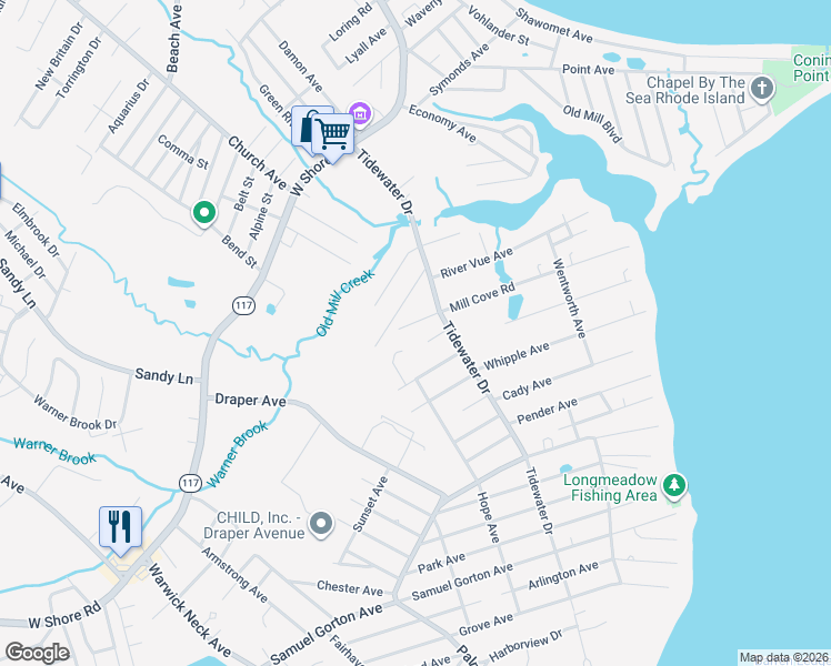 map of restaurants, bars, coffee shops, grocery stores, and more near 217 Tidewater Drive in Warwick
