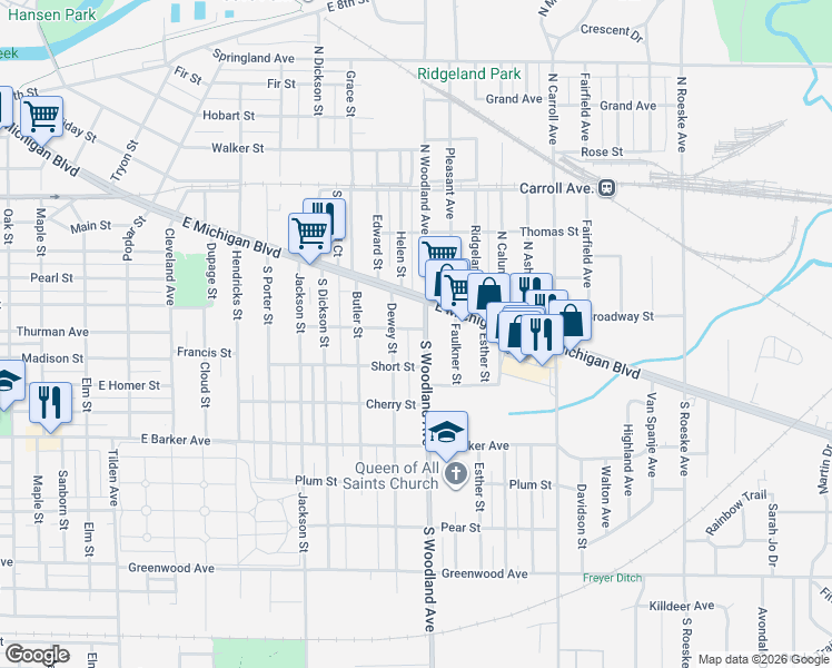 map of restaurants, bars, coffee shops, grocery stores, and more near 205 South Woodland Avenue in Michigan City