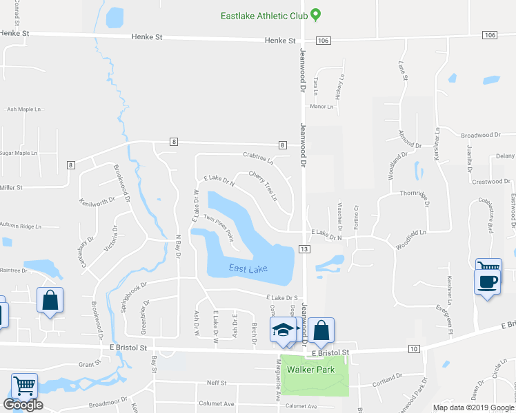 map of restaurants, bars, coffee shops, grocery stores, and more near 3207 East Lake Drive North in Elkhart