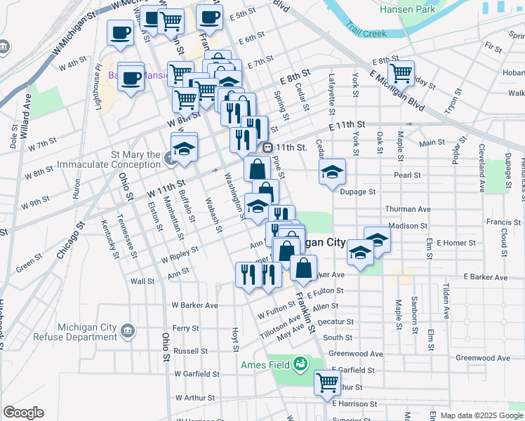 map of restaurants, bars, coffee shops, grocery stores, and more near 102 West William Street in Michigan City