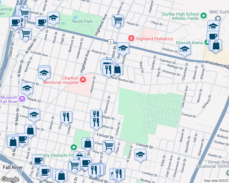 map of restaurants, bars, coffee shops, grocery stores, and more near 215 Stetson Street in Fall River