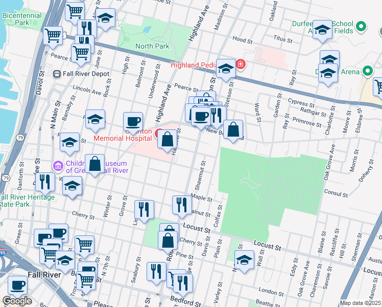 map of restaurants, bars, coffee shops, grocery stores, and more near 47 Summerfield Street in Fall River