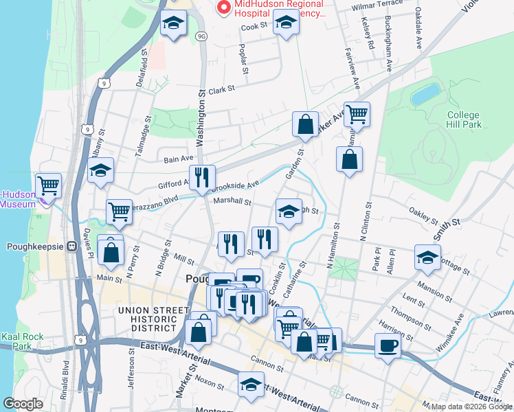 map of restaurants, bars, coffee shops, grocery stores, and more near 32 Balding Avenue in Poughkeepsie