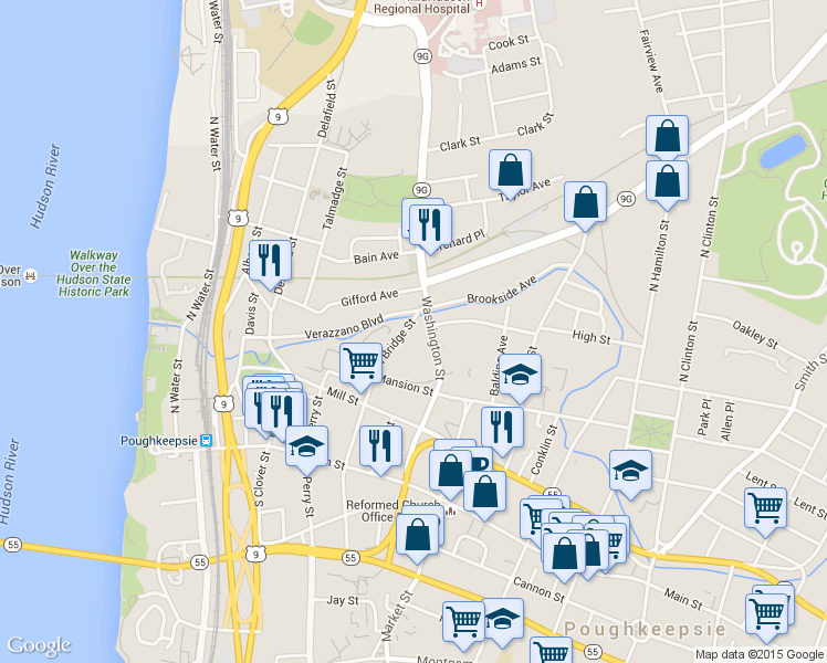 map of restaurants, bars, coffee shops, grocery stores, and more near 95 North Bridge Street in Poughkeepsie