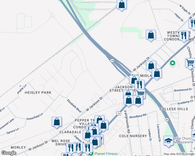 map of restaurants, bars, coffee shops, grocery stores, and more near Shamrock Boulevard in Painesville