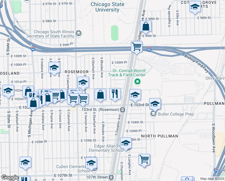 map of restaurants, bars, coffee shops, grocery stores, and more near 10204 South Saint Lawrence Avenue in Chicago
