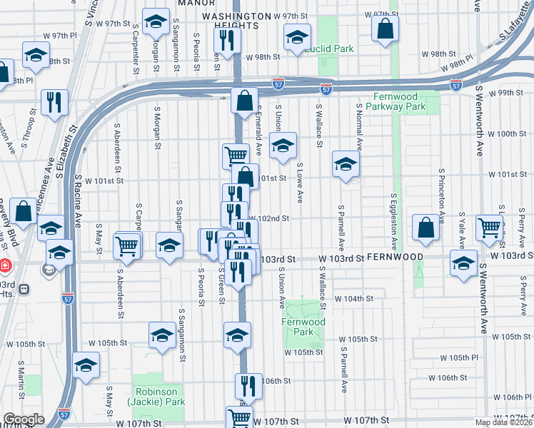 map of restaurants, bars, coffee shops, grocery stores, and more near 10152 South Emerald Avenue in Chicago