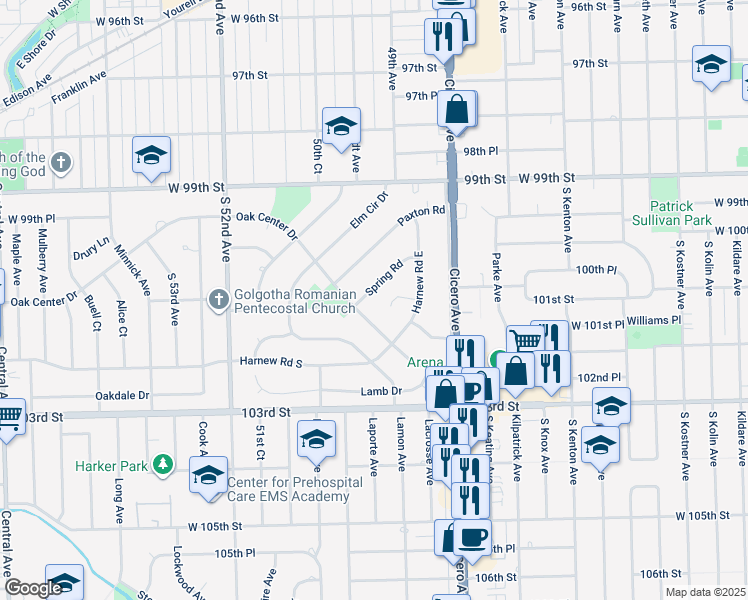 map of restaurants, bars, coffee shops, grocery stores, and more near 4955 Spring Road in Oak Lawn
