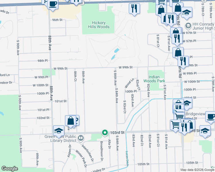 map of restaurants, bars, coffee shops, grocery stores, and more near 9994 South 84th Terrace in Palos Hills