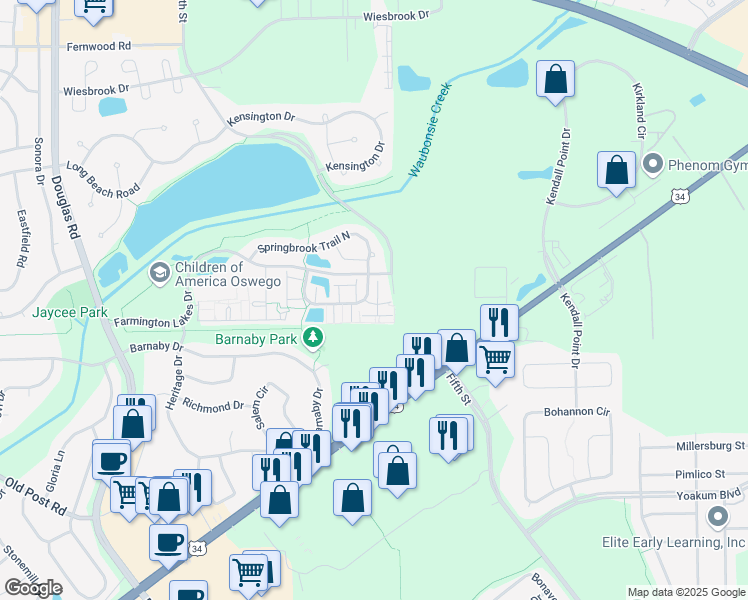 map of restaurants, bars, coffee shops, grocery stores, and more near 249 Springbrook Trail South in Oswego