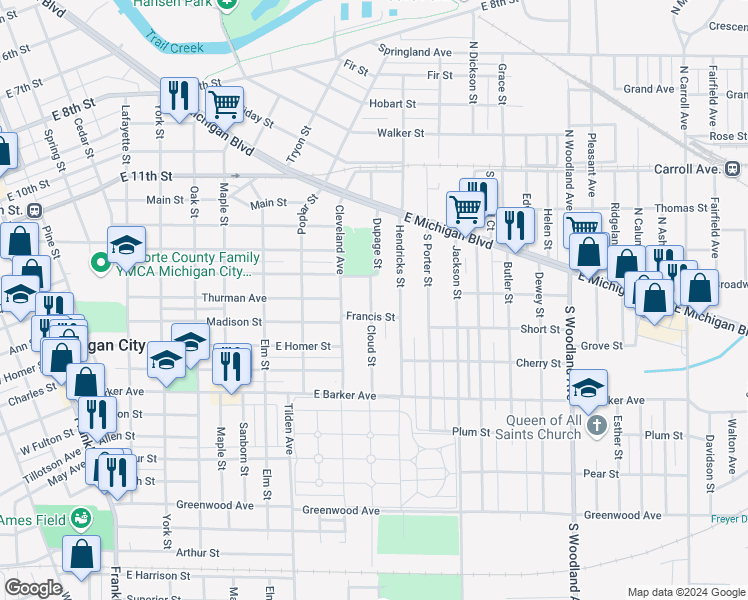map of restaurants, bars, coffee shops, grocery stores, and more near 222 Cloud Street in Michigan City