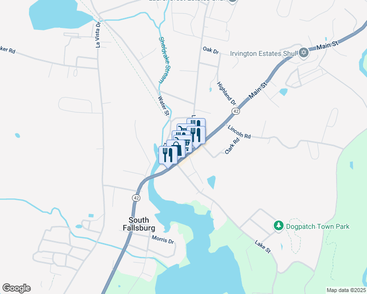 map of restaurants, bars, coffee shops, grocery stores, and more near 3 Railroad Plaza Exd in South Fallsburg