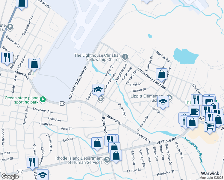 map of restaurants, bars, coffee shops, grocery stores, and more near 120 Everglade Avenue in Warwick