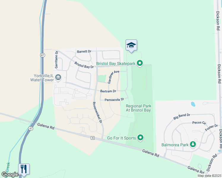 map of restaurants, bars, coffee shops, grocery stores, and more near 333 Bertram Drive in Yorkville