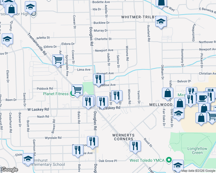 map of restaurants, bars, coffee shops, grocery stores, and more near 5085 Adella Street in Toledo
