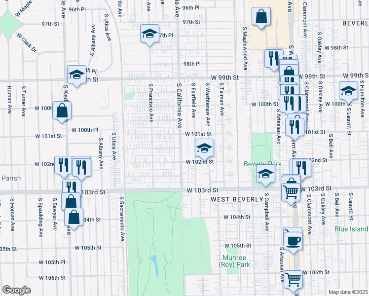 map of restaurants, bars, coffee shops, grocery stores, and more near 10131 South California Avenue in Chicago