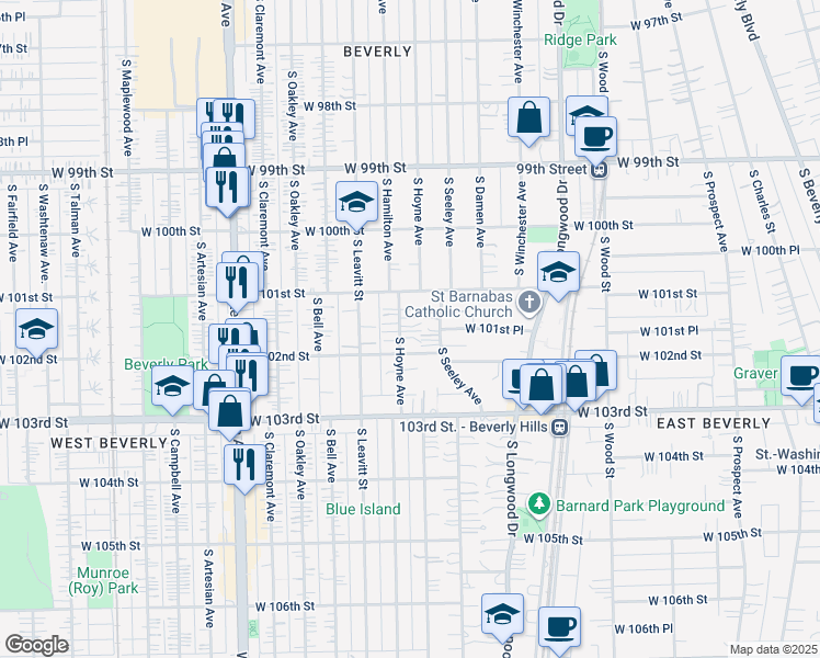 map of restaurants, bars, coffee shops, grocery stores, and more near 10137 South Hoyne Avenue in Chicago