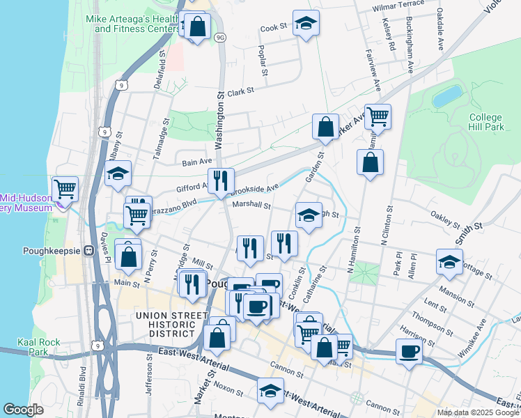 map of restaurants, bars, coffee shops, grocery stores, and more near 44 Marshall Street in Poughkeepsie