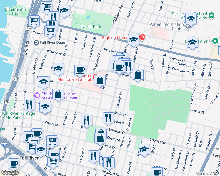 map of restaurants, bars, coffee shops, grocery stores, and more near 47 Summerfield Street in Fall River