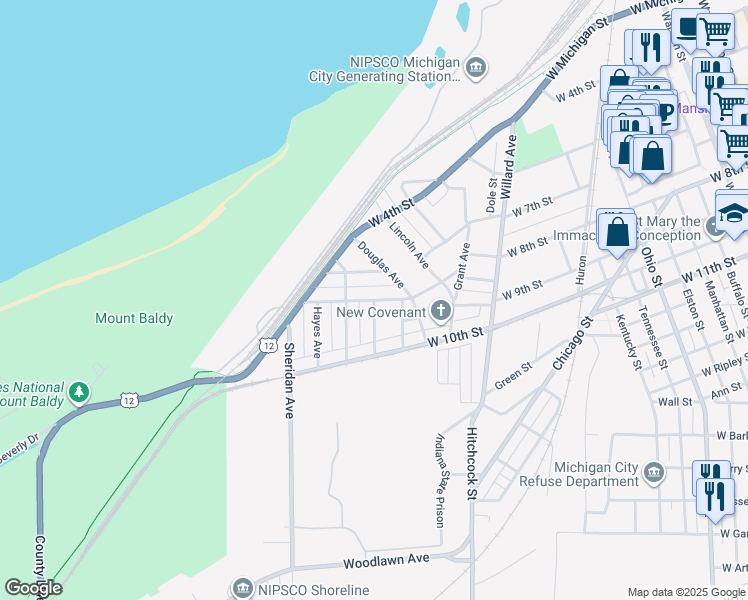map of restaurants, bars, coffee shops, grocery stores, and more near 1501 West 8th Street in Michigan City