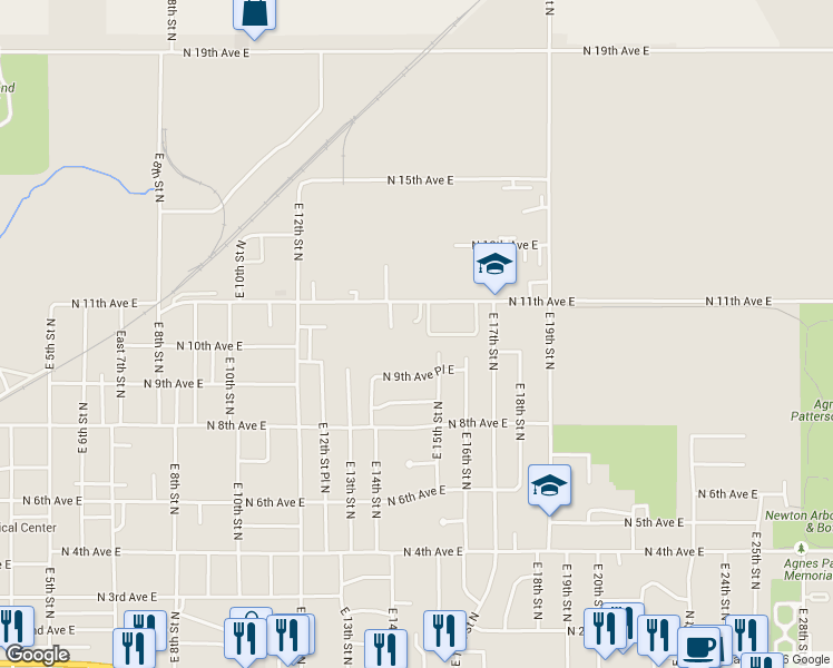 map of restaurants, bars, coffee shops, grocery stores, and more near 1425 North 11th Avenue East in Newton