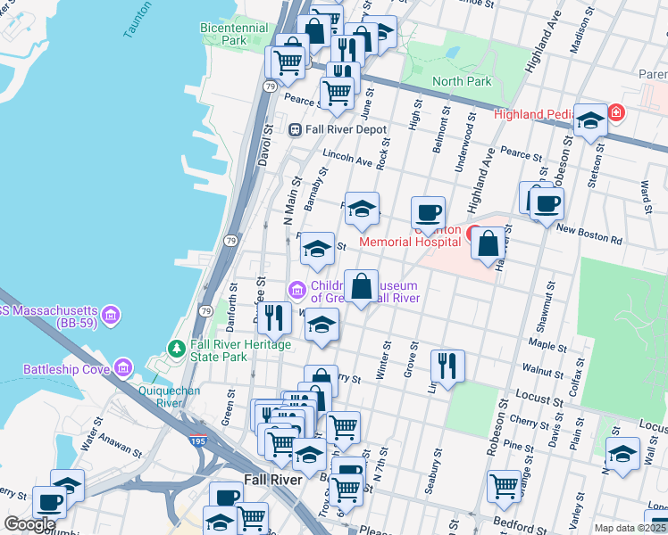 map of restaurants, bars, coffee shops, grocery stores, and more near 56 Gatehouse Drive in Fall River
