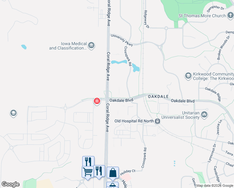 map of restaurants, bars, coffee shops, grocery stores, and more near 2500 Crosspark Road in Coralville