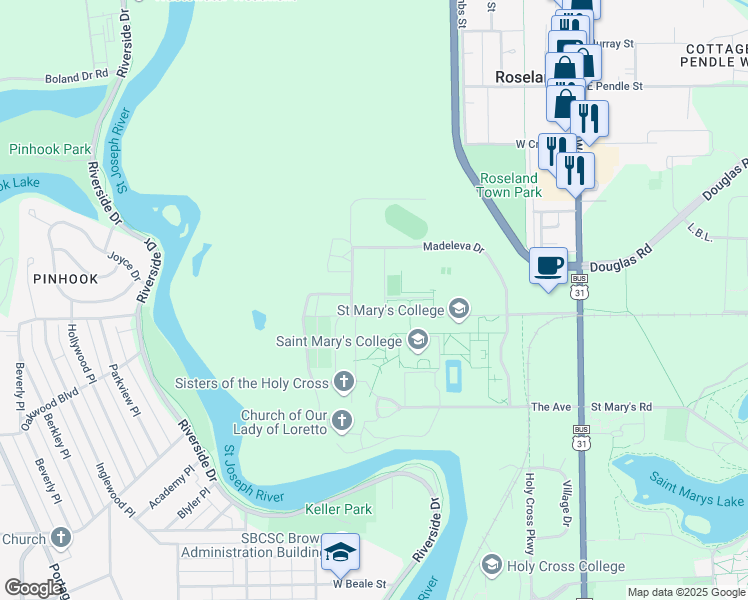 map of restaurants, bars, coffee shops, grocery stores, and more near McCandless Drive in South Bend