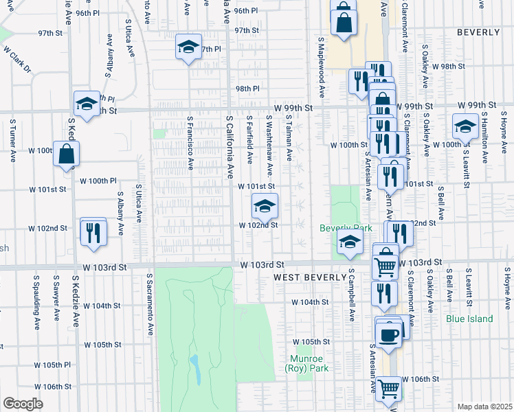map of restaurants, bars, coffee shops, grocery stores, and more near 10129 South Fairfield Avenue in Chicago