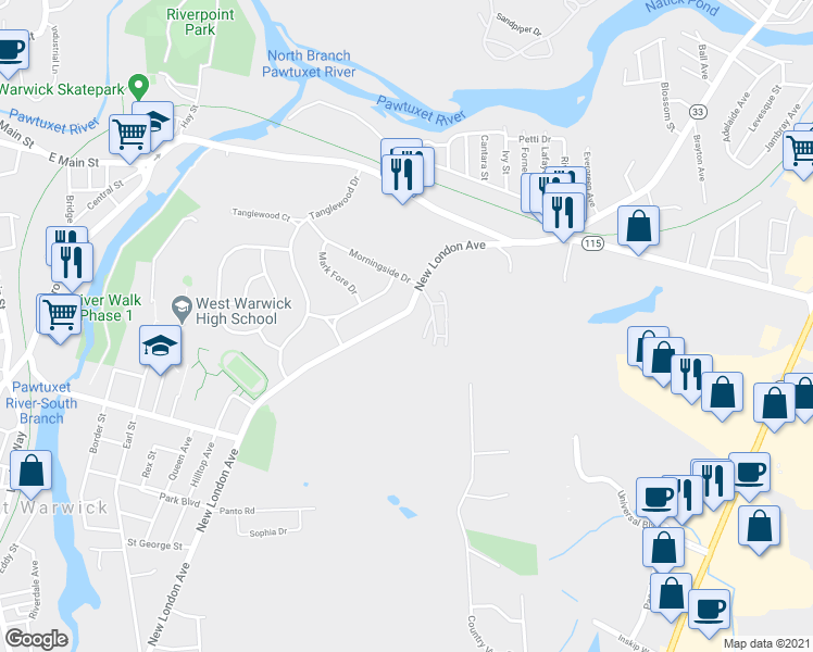 map of restaurants, bars, coffee shops, grocery stores, and more near 325 New London Avenue in Warwick