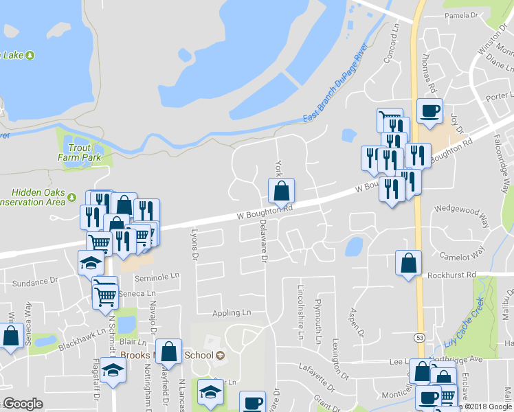 map of restaurants, bars, coffee shops, grocery stores, and more near 401 Delaware Circle in Bolingbrook