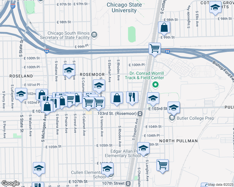 map of restaurants, bars, coffee shops, grocery stores, and more near 10200 South Rhodes Avenue in Chicago