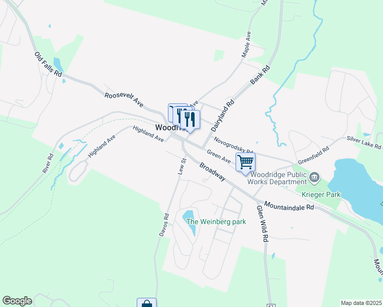 map of restaurants, bars, coffee shops, grocery stores, and more near 21 Broadway in Woodridge